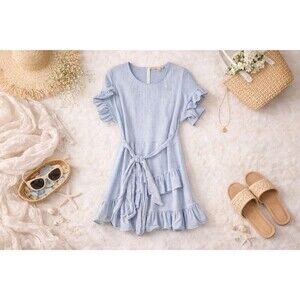 Michael Kors Blue White Striped Ruffle A-Line Dress | Short Sleeve | Size XL